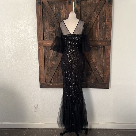 Tulle black Flared Sleeve Evening Party Dress Elegant Mermaid gown dress Sz- XL - Picture 9 of 16